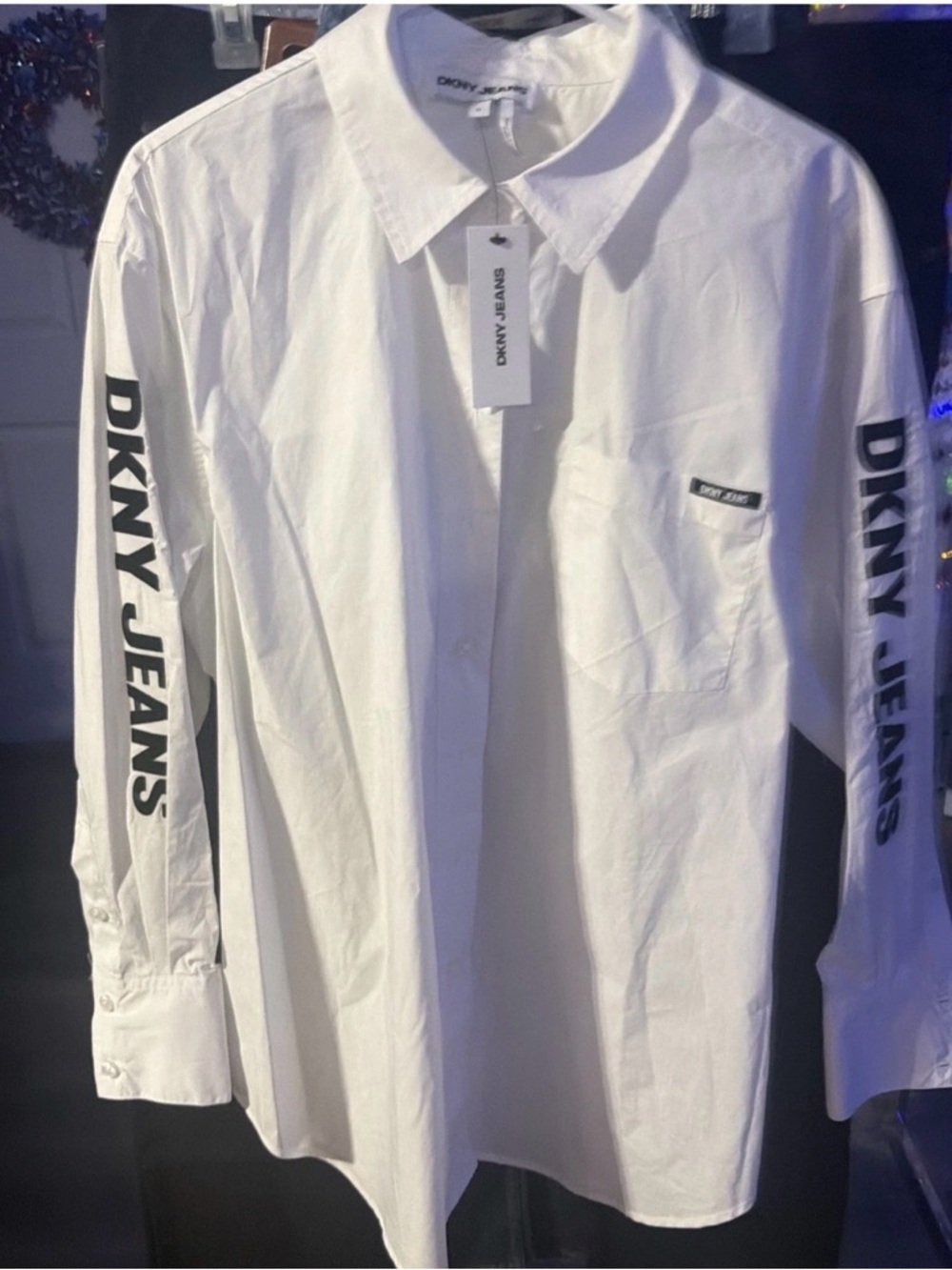 Dkny White Button-Down Shirt with Black Sleeve Logo size 2x NWT women’s